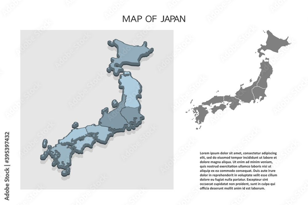 Isometric 3D map of Japan. Political country map in perspective with administrative divisions and pointer marks. Detailed map of Japan with regions. Infographic elements for Website, app, UI,Travel