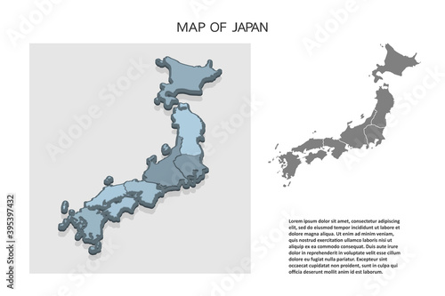 Isometric 3D map of Japan. Political country map in perspective with administrative divisions and pointer marks. Detailed map of Japan with regions. Infographic elements for Website  app  UI Travel