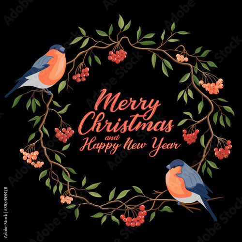 Hand drawn Merry Christmas typography in rowanberry winter wreath with bullfinches banner. Celebration text with berries and leaves for postcard, icon or badge. Vector calligraphy lettering