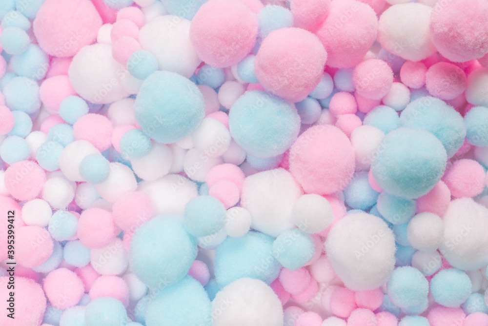 White, pink and blue soft pompons. White, pink and blue soft pompons.