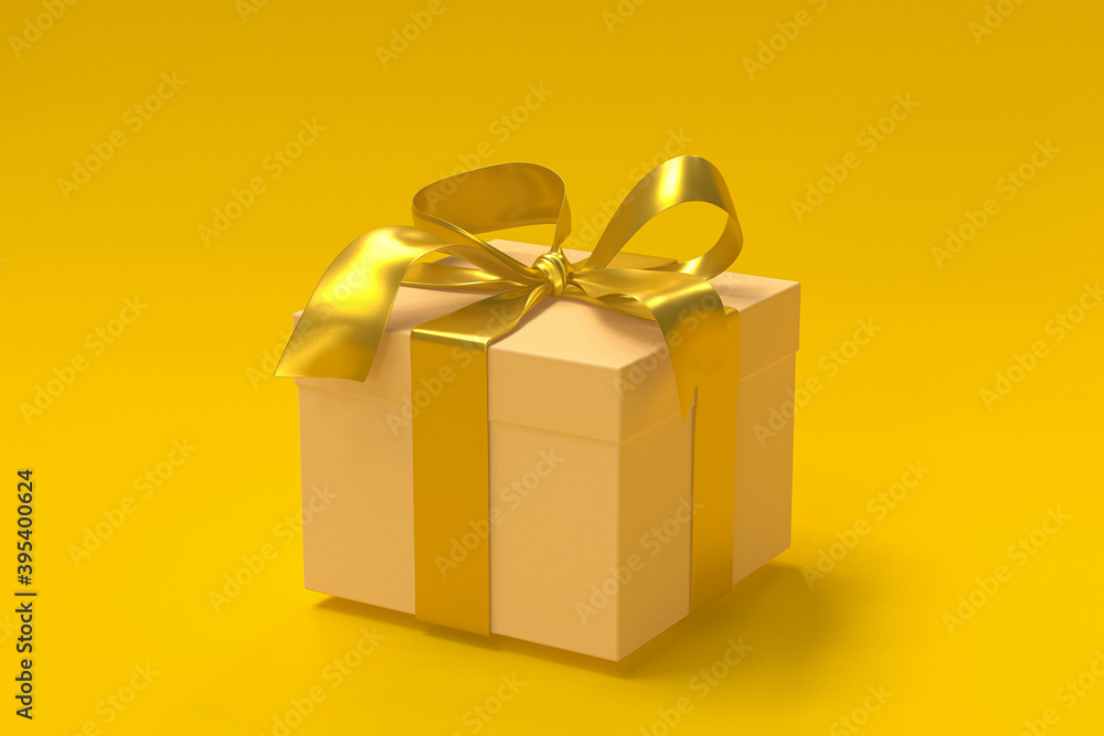 Brown gift box 3d with gold ribbon and bow on yellow background Brown gift box 3d with gold ribbon and bow on yellow background