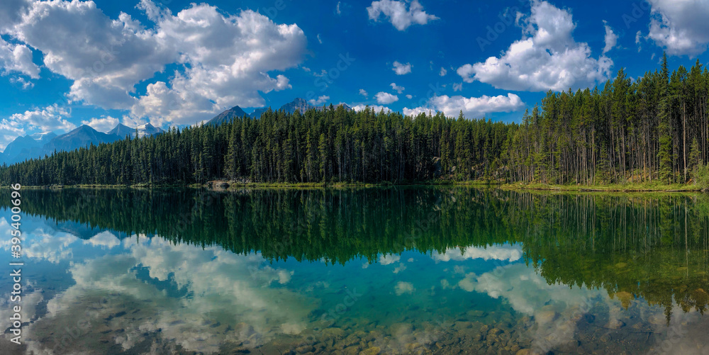Landscape photo of a forest reflecting in a lake in the Canadian Rockies Landscape photo of a forest reflecting in a lake in the Canadian Rockies