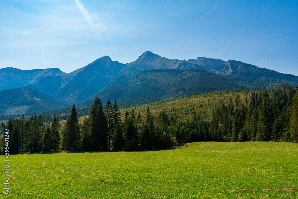 Green mountains and beautiful sky clouds under the blue sky in tatras mountain in poland