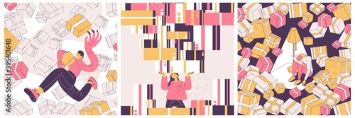 OCD vector concept illustration about people collecting and buying things. Scenes with various characters and boxes in pink and yellow