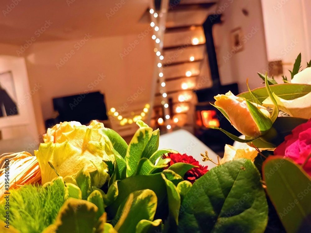 closeup of floral decoration in frot of an appartment with Christmas decorations near Esslingen, Germany