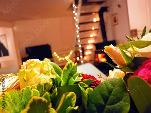 Obraz na płótnie closeup of floral decoration in frot of an appartment with Christmas decorations near Esslingen, Germany w salonie