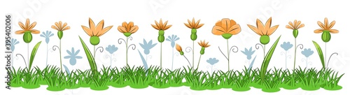 Blooming meadow with grass and flowers. Cartoon just style. Isolated on white background. Romantic fabulous illustration. Vector