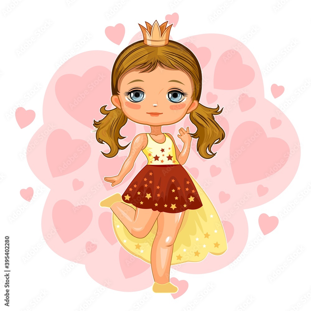A cute little girl dressed as a princess. Cheerful funny child in a good mood. The isolated object on a white background. Young baby. Cartoon flat style. Vector A cute little girl dressed as a princess. Cheerful funny child in a good mood. The isolated object on a white background. Young baby. Cartoon flat style. Vector