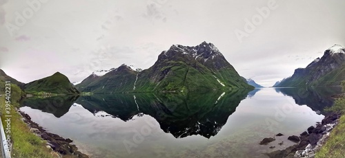 Obraz na płótnie beautiful panorama from the shore into the Hjorundfjord near Bjorke, Norway w salonie