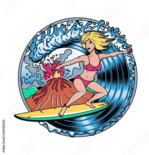 Surfing T-shirt Vector Designs.Volcano and Blonde Surfer Girl. Vector Illustration.