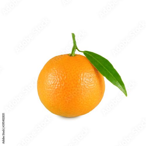 Ripe tangerine clementine with fresh green leaf isolated on white background 
