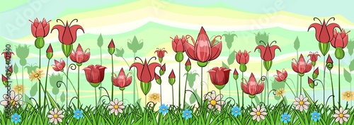Blooming meadow with grass and flowers. Sky. Scenery. Cartoon just style. Romantic fabulous illustration. Beautiful natural view. Wild plant nature. Rural scene. Vector