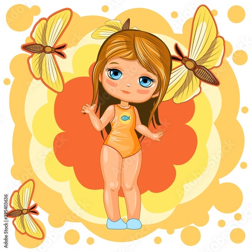 Cute little girl in a swimsuit. Cheerful funny child in a good mood. The isolated object on a white background. Young baby in beachwear. Cartoon flat style. Vector