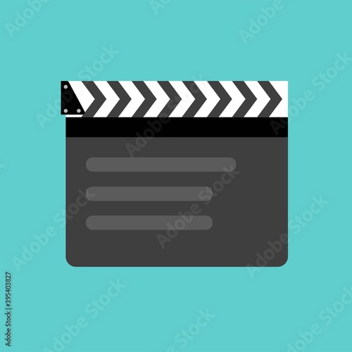 Closed clapper board icon. Teal blue square background. Vector illustration EPS 8.