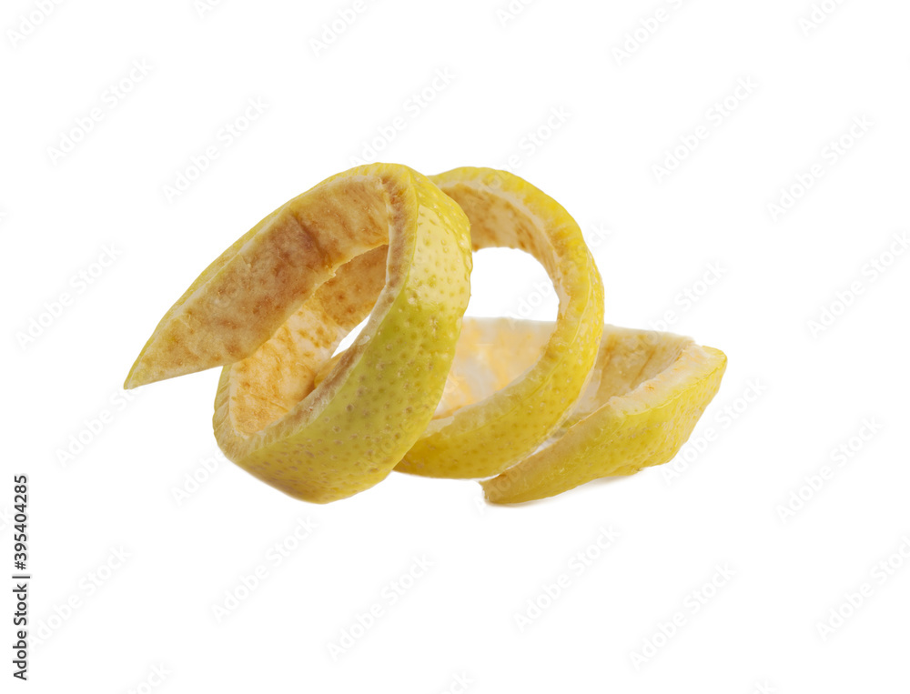 lemon peel twisted in a spiral isolated on white background lemon peel twisted in a spiral isolated on white background