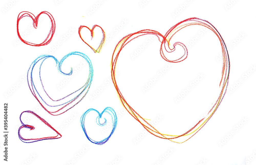 hand drawn colorful red and blue line hearts of different sizes as a symbol of love on a white background