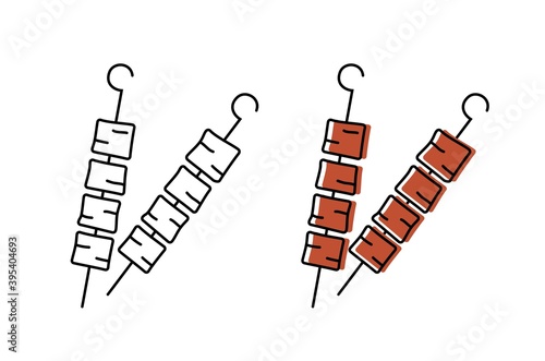 Pieces of kebab on a skewer. Top quality farm products. Vector icons in flat style