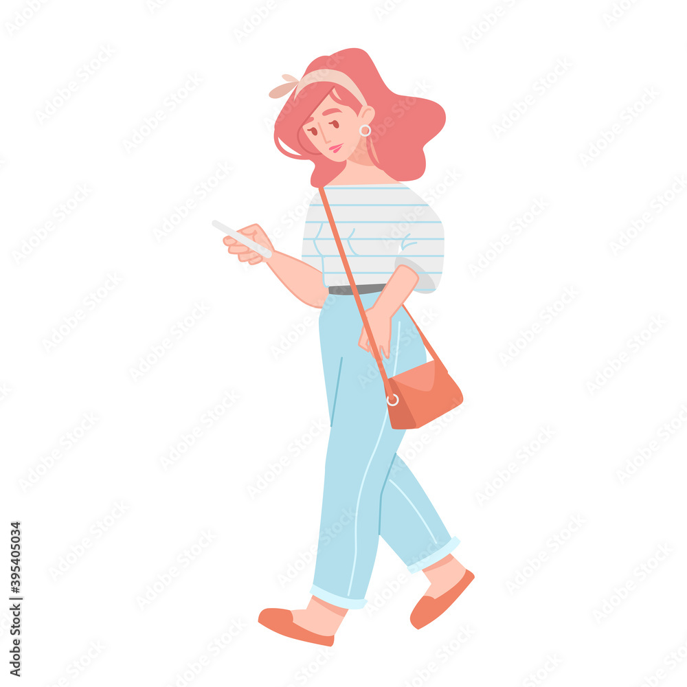 Fototapeta premium Flat cartoon young woman holding a smartphone, texting, reading or writing messages on the go. Vector illustration of a modern girl with mobile phone in casual outfit isolated on white background.