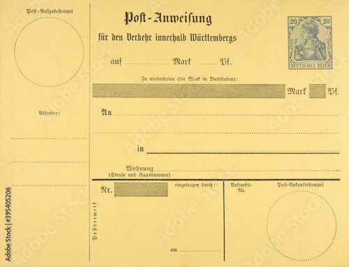 #02 Briefumschlag envelope vintage retro alt old blank blanco Vorderseite front post anweisung Württemberg gelb yello letter mail deutsches reich photo