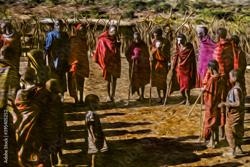 Serengeti, Tanzania - February 7, 1997. People from the Maasai tribe wearing typical clothes in the Serengeti. A national park in the African savanna. Oil paint filter.