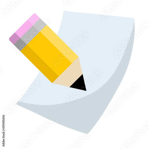 Pencil and paper. Entry in the notebook. Icon of lesson. Blank sheet. Flat cartoon illustration. Writing and stationery