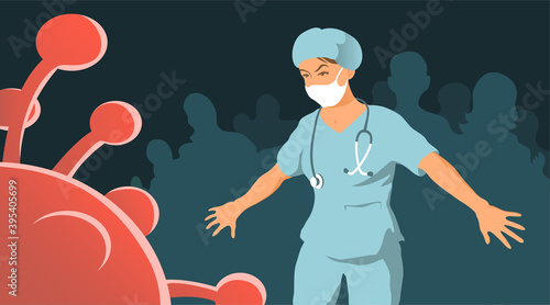 Doctor woman saves people from coronavirus. Courageous hero. Vector illustration concept.