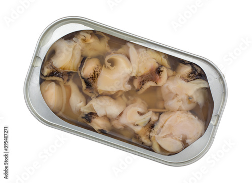Slika na platnu Small cooked conch snails in an open tin on a white background.