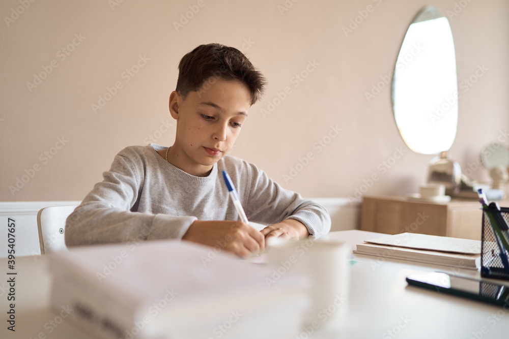 Distance learning online education. A schoolboy boy studies at home and does school homework. A home distance learning. High quality photo