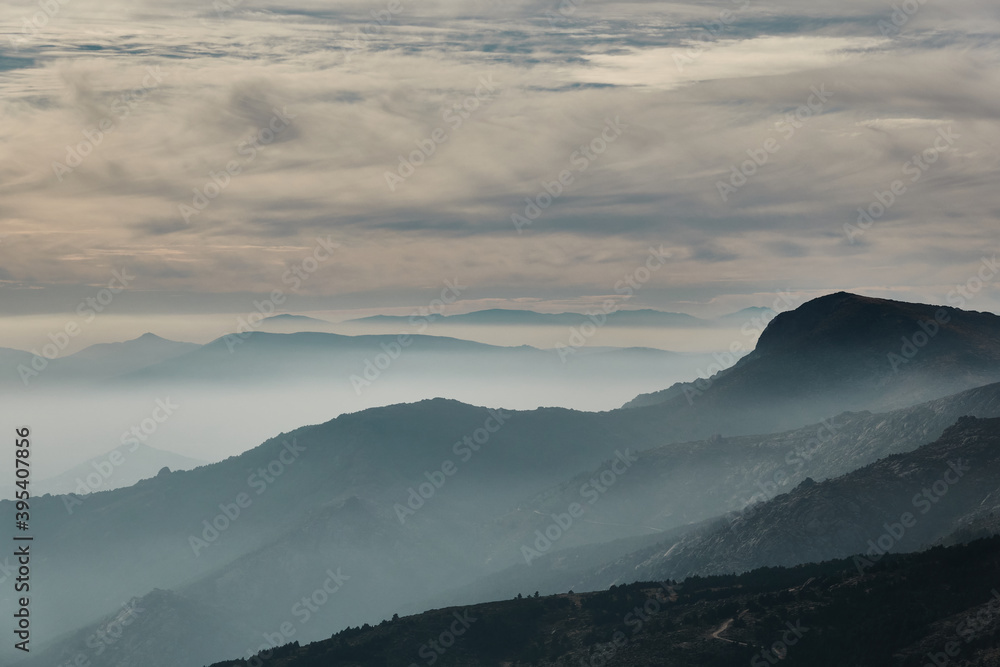 Panoramic views of the Sierra de Guadarrama National Park from the Cuerda Larga path. Madrid's community. Spain