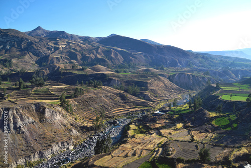 Beautiful view of the Colca Canyon landscape in Peru on an early morning with very little water in the river that runs through the valley