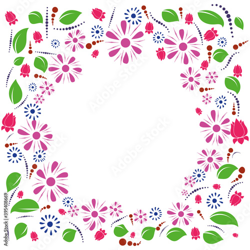 floral frame in the form of leaves, flowers and butterflies in bright colors for creativity