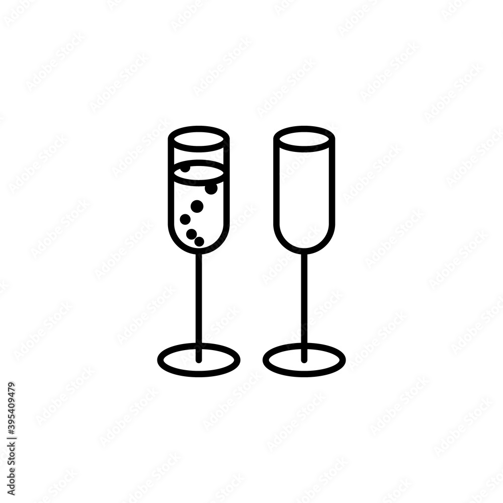 Two champagne glasses vector icon in minimalist style. Cute glasses with sparkling wine isolated on white background Two champagne glasses vector icon in minimalist style. Cute glasses with sparkling wine isolated on white background