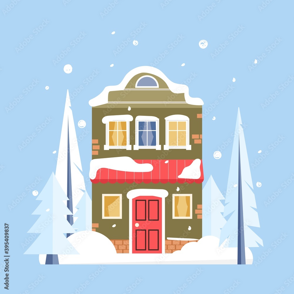 Town house, winter exterior with building facade, snow, trees. Vector illustration in flat style