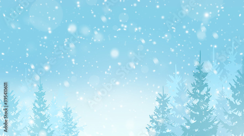 Blue winter background. Snowfall in the forest. Deep snow. Snowflakes whirl in the cold air. Snow-covered pine trees and a blizzard.