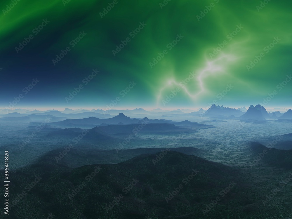 A beautiful illustration of northern lights, mountains and sea landscape