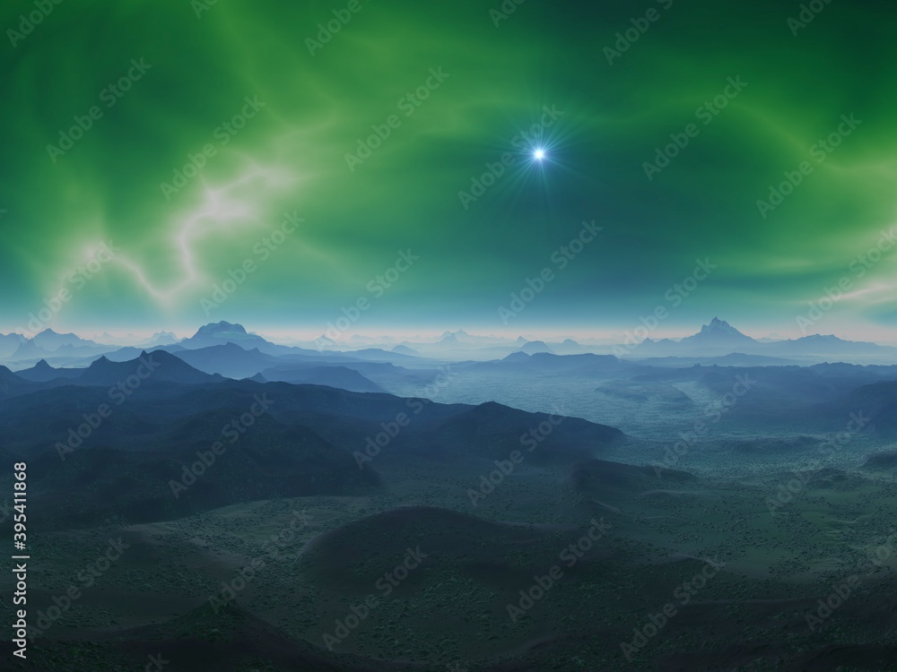 A beautiful illustration of northern lights, mountains and sea landscape