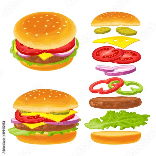 Hamburger with meat, lettuce, cheese, onion and tomato