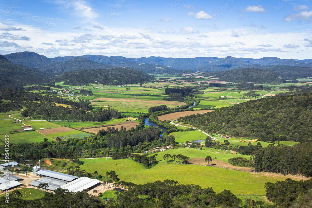 Green nature landscape and blue sky in the Santa Catarina region, southern Brazil