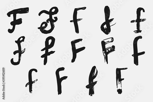 Letter F written by hand. Black letter F written in grunge calligraphy. Different versions of the font are hand-drawn in a careless style. Vector eps illustration.