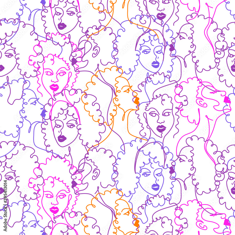 Afro American beautiful women seamless pattern in one line drawing style 