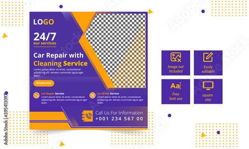 Car repair and cleaning service promotional social banner ad design 