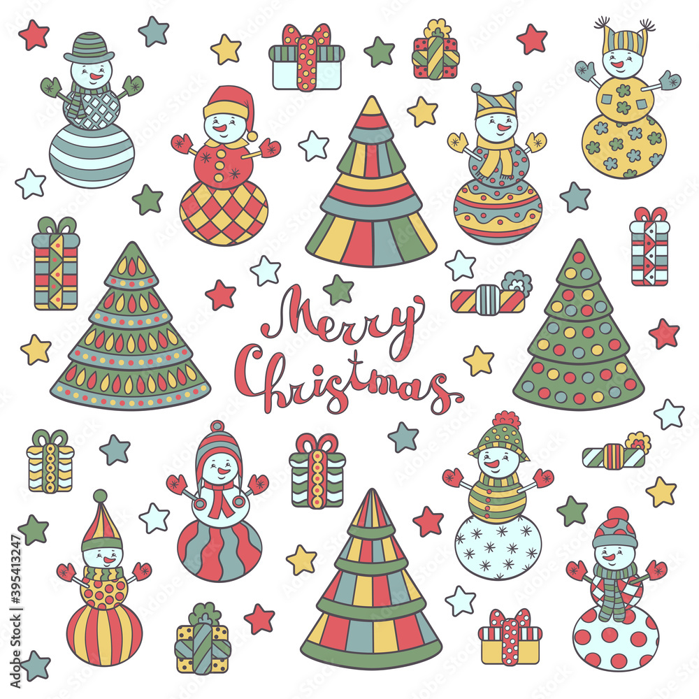 Winter set with snowmen, Christmas trees and gifts. Greeting card Winter set with snowmen, Christmas trees and gifts. Greeting card