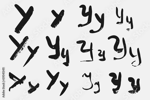 Letter Y written by hand. Black letter Y written in grunge calligraphy. Different versions of the font are hand-drawn in a careless style. Vector eps illustration.