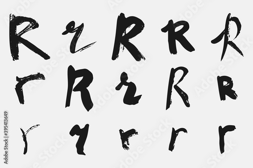 Letter R written by hand. Black letter R written in grunge calligraphy. Different versions of the font are hand-drawn in a careless style. Vector eps illustration.
