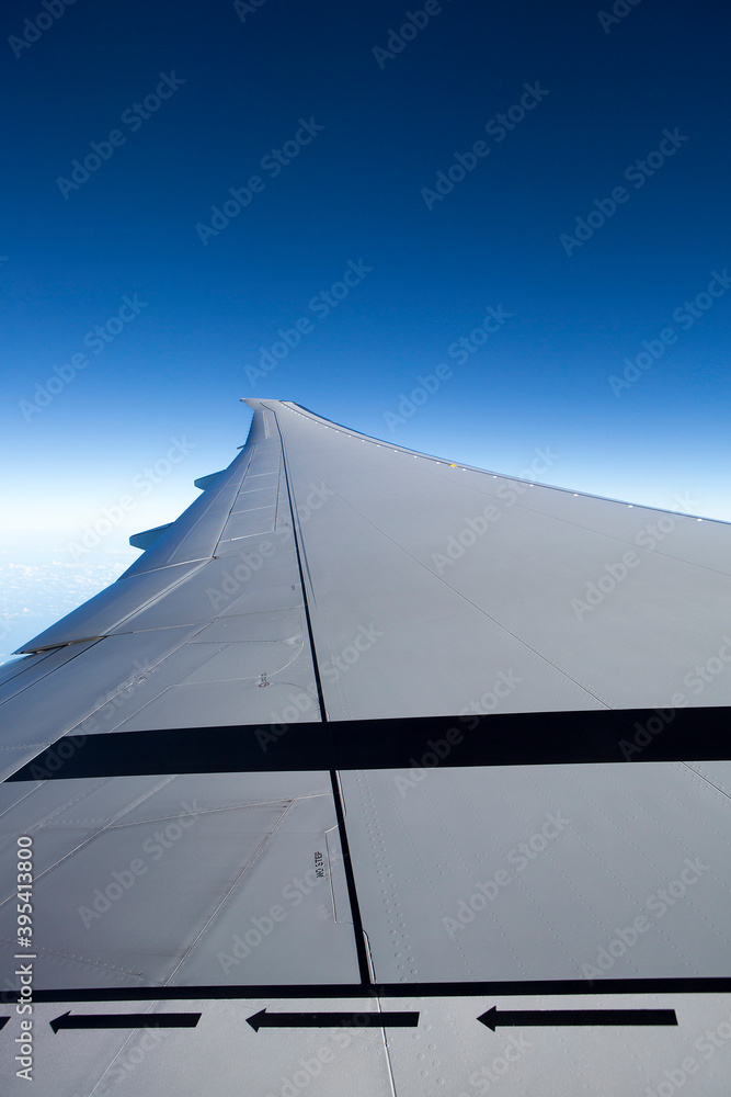View of jet plane wing with safety markers