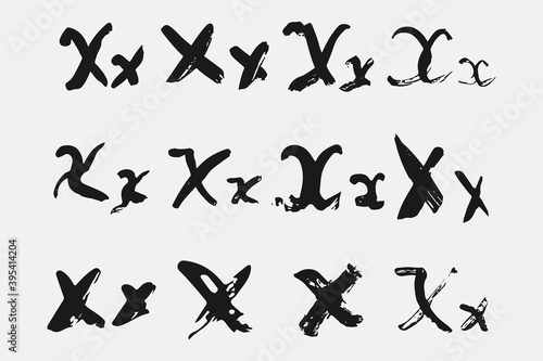 Letter X written by hand. Black letter X written in grunge calligraphy. Different versions of the font are hand-drawn in a careless style. Vector eps illustration.