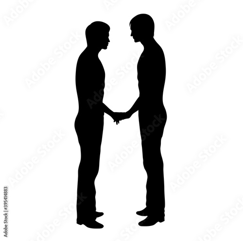 Two men holding hands. Isolated on white.