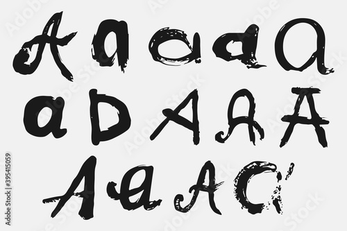 Letter A written by hand. Black letter A written in grunge calligraphy. Different versions of the font are hand-drawn in a careless style. Vector eps illustration.