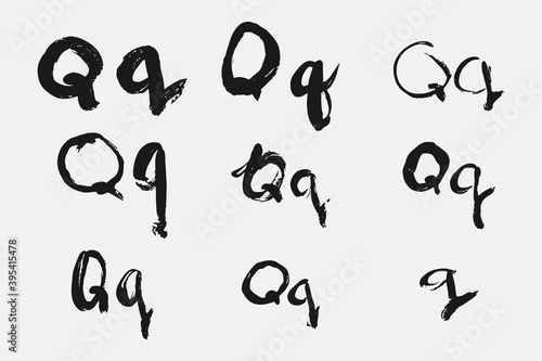 Letter Q written by hand. Black letter Q written in grunge calligraphy. Different versions of the font are hand-drawn in a careless style. Vector eps illustration.