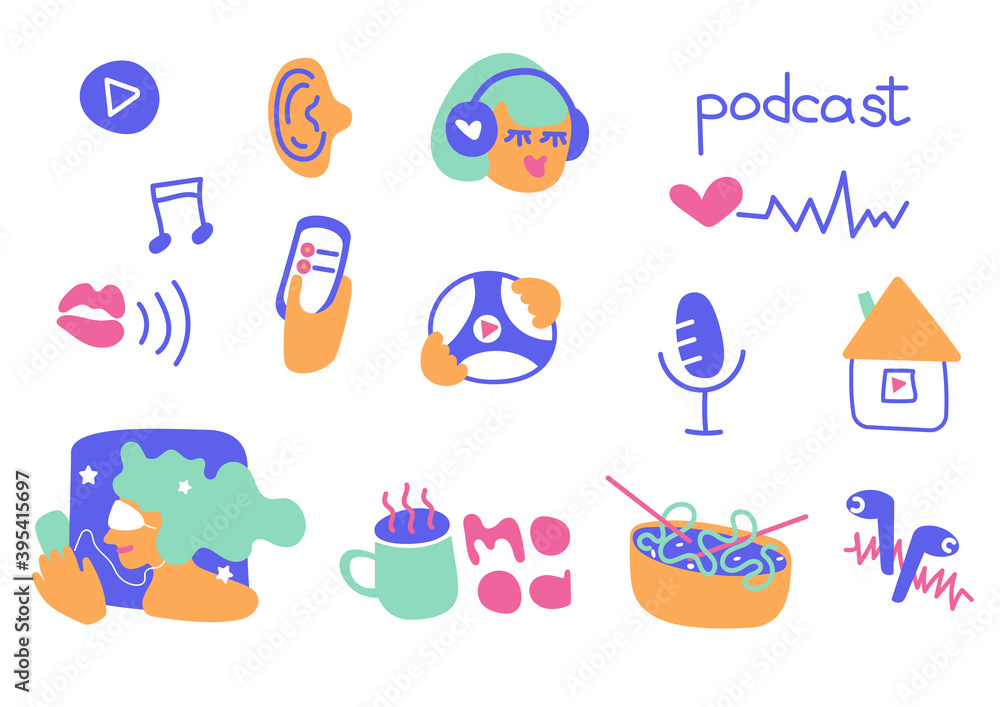 Radio host flat vector illustration. Media hosting doodle drawing. Podcast.Broadcaster icon isolated cartoon character.Listen and relax. Radio host flat vector illustration. Media hosting doodle drawing. Podcast.Broadcaster icon isolated cartoon character.Listen and relax.